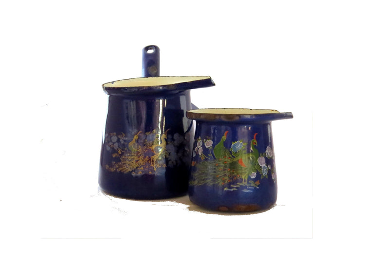 Vintage coffee set. Enammelware. Middle eastern. Enamel coffee pots. Coffee enamelware. Peacock design. Two small coffee pots. Cobalt blue.