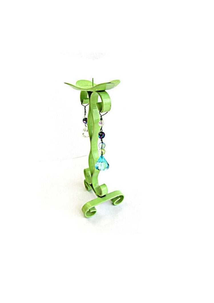 Candlestick holder. Green candle holder. Metal candle holder. Large candle. Painted candle holder. Beaded. Upcycled. Vintage.