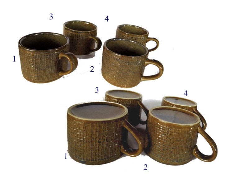 Vintage coffee set. Coffee cups and saucers. Ceramic coffee set. Ceramic saucers. Latte cups. Brown coffee set. Brown ceramic set. Rustic.