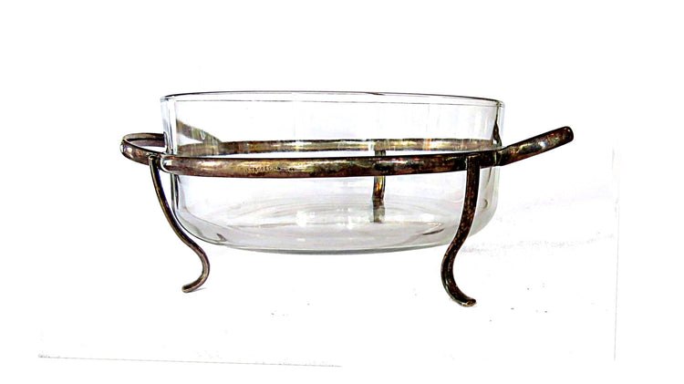 Vintage serving dish. Casserole dish. Glass serving bowl. Metal stand. Brass stand. Serving caddy. Silver serving piece. Silver plated.
