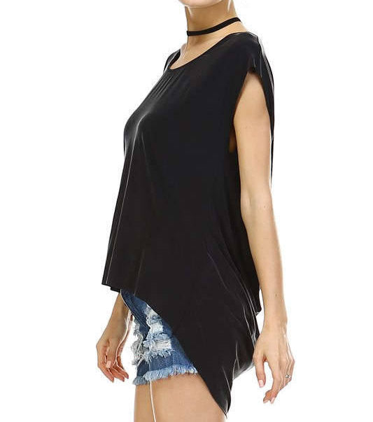 Chic Flowy High-Low Top, Boho Fashion Top, Chic-Boho Black Top, Flowy Womens Black Top