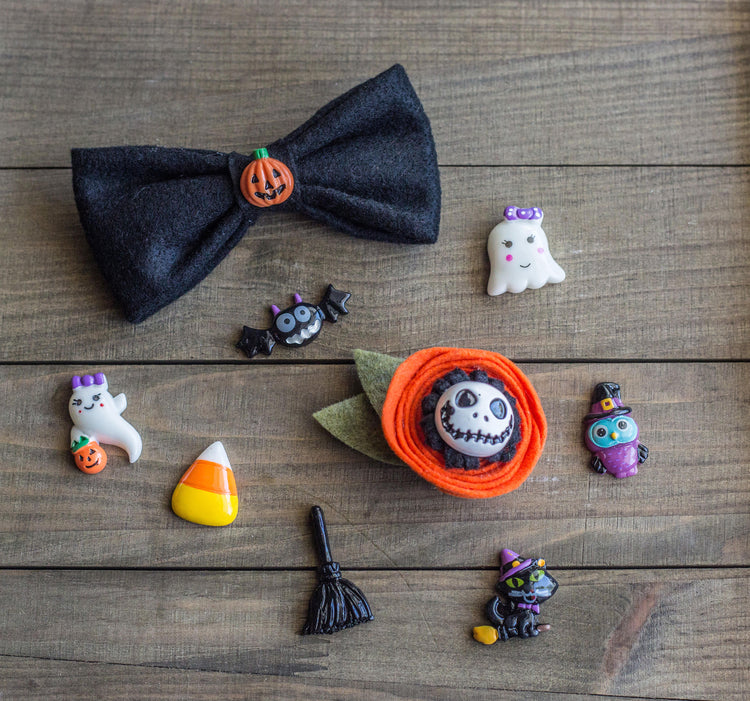 Halloween Collection-Pumpkin and Black with Skull-Felt Dog Bow Tie Flowers Attachable to Dog/Cat/Pet Collars. Pet Accessories/Pet Fashion
