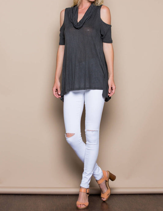 Chic Cold Shoulder Cowl Neck Top - Grey