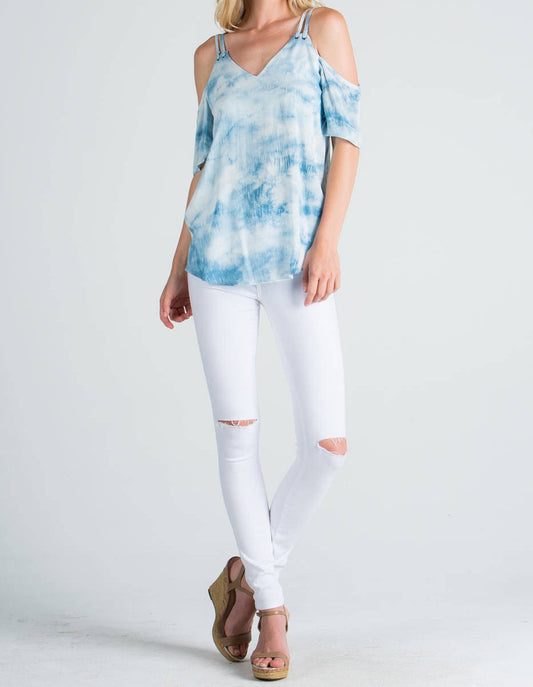 Cold Shoulder Top - Cloud Blue, Chic Tie Dye Top, Summer Tie Dye Top, Blue Tie Dye Top, Womens Chic Tie Dye Top, Womens Boho Top