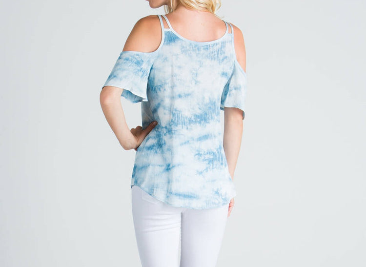 Cold Shoulder Top - Cloud Blue, Chic Tie Dye Top, Summer Tie Dye Top, Blue Tie Dye Top, Womens Chic Tie Dye Top, Womens Boho Top
