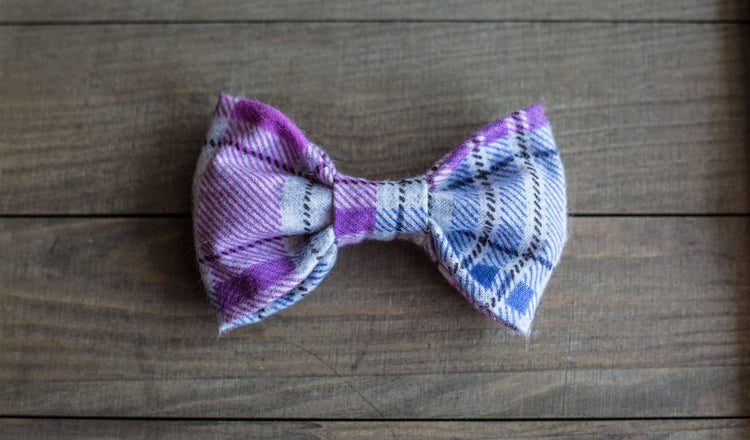 Pink Purple Gray Plaid Bow Tie, Flannel Dog Bowtie, Plaid Dog Bow Tie, Plaid Dog Bowtie, Cat Bowtie, Fall Dog Bow Tie, Winter Dog Bow Tie
