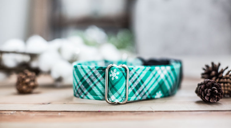 The Elfy-1" & 1.5" Width,Flower Dog Collar, Holiday Gifts For Dogs Lovers, Dog Gifts, Holiday Gifts, Green Plaid , Snow Dog Collar