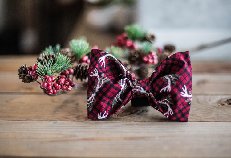 The Tyler- Christmas Dog Bow Tie, Holiday Pet Bow Tie, Buffalo Plaid  Bow Tie, Deer Dog Bow Tie, Holiday Gifts for Pet Lovers