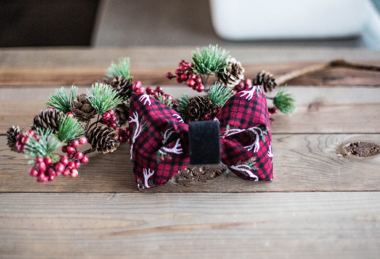 The Tyler- Christmas Dog Bow Tie, Holiday Pet Bow Tie, Buffalo Plaid  Bow Tie, Deer Dog Bow Tie, Holiday Gifts for Pet Lovers
