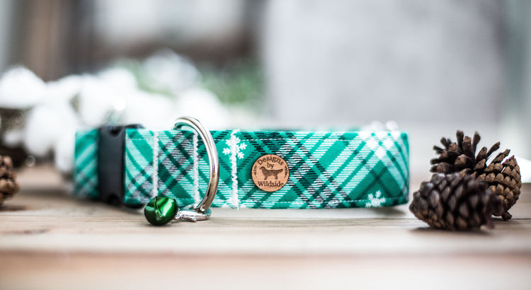 The Elfy-1" & 1.5" Width,Flower Dog Collar, Holiday Gifts For Dogs Lovers, Dog Gifts, Holiday Gifts, Green Plaid , Snow Dog Collar