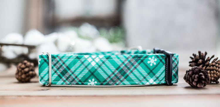 The Elfy-1" & 1.5" Width,Flower Dog Collar, Holiday Gifts For Dogs Lovers, Dog Gifts, Holiday Gifts, Green Plaid , Snow Dog Collar