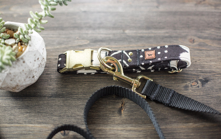 Dog Collar | Dog Leash | Collar Leash Set | Collar and Leash Set | Black and White Dog Collar | Moon Dog Collar | Gold Dog Collar