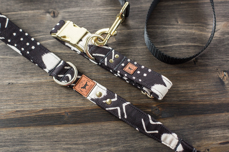 Dog Collar | Dog Leash | Collar Leash Set | Collar and Leash Set | Black and White Dog Collar | Moon Dog Collar | Gold Dog Collar