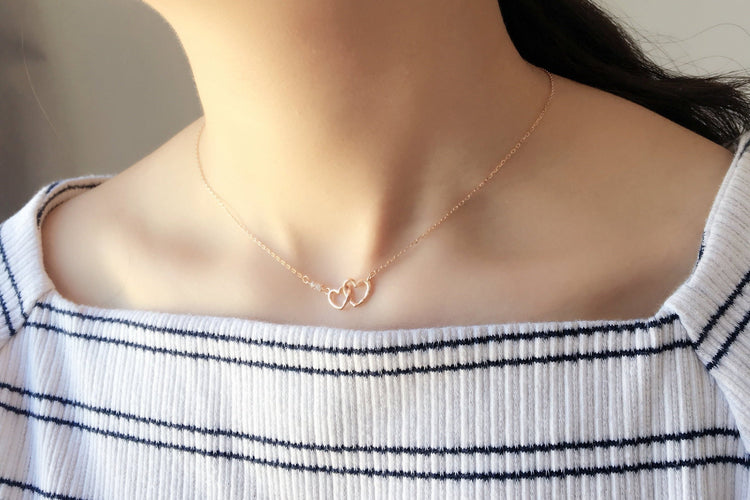 Double Heart Necklace - 925 Sterling Silver - Simple Minimalist - Silver or Rose Gold Color