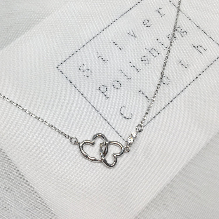 Double Heart Necklace - 925 Sterling Silver - Simple Minimalist - Silver or Rose Gold Color