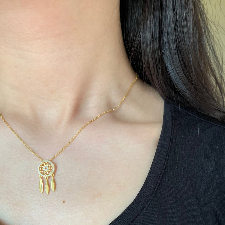 Dream Catcher Pendant Necklace - 925 Sterling Sliver - Gold or Sliver Tone