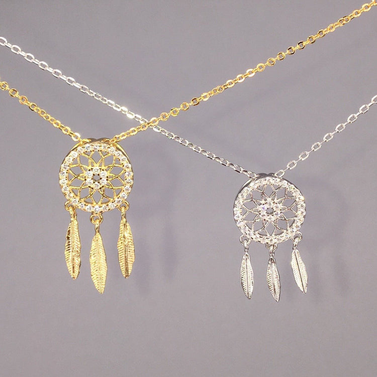 Dream Catcher Pendant Necklace - 925 Sterling Sliver - Gold or Sliver Tone