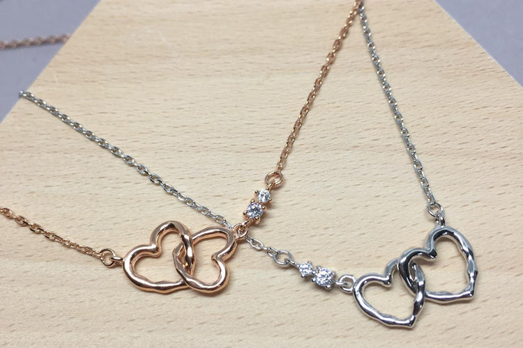 Double Heart Necklace - 925 Sterling Silver - Simple Minimalist - Silver or Rose Gold Color