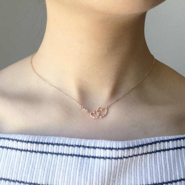 Double Heart Necklace - 925 Sterling Silver - Simple Minimalist - Silver or Rose Gold Color