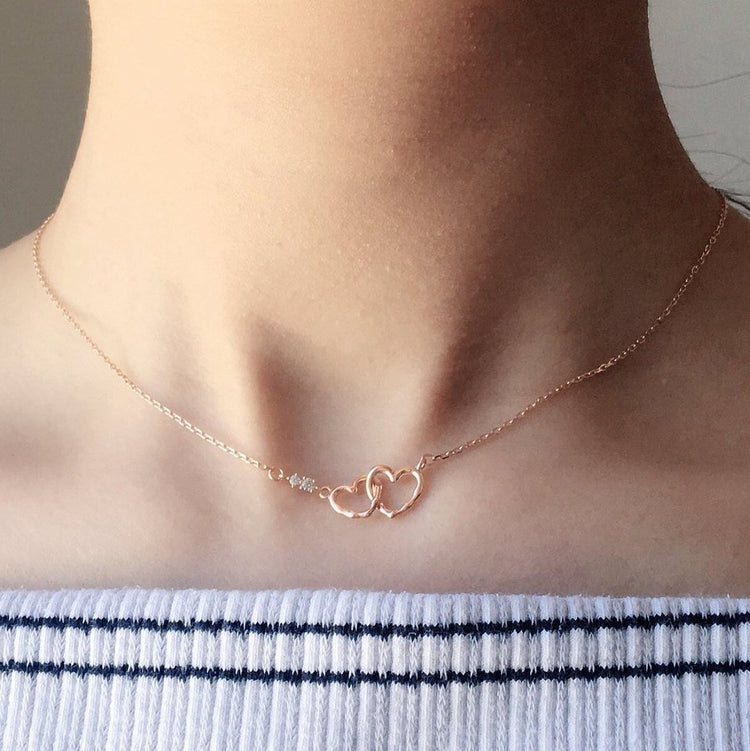 Double Heart Necklace - 925 Sterling Silver - Simple Minimalist - Silver or Rose Gold Color