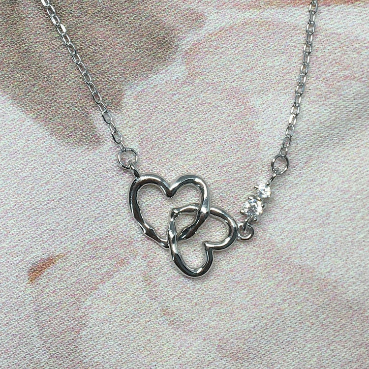 Double Heart Necklace - 925 Sterling Silver - Simple Minimalist - Silver or Rose Gold Color
