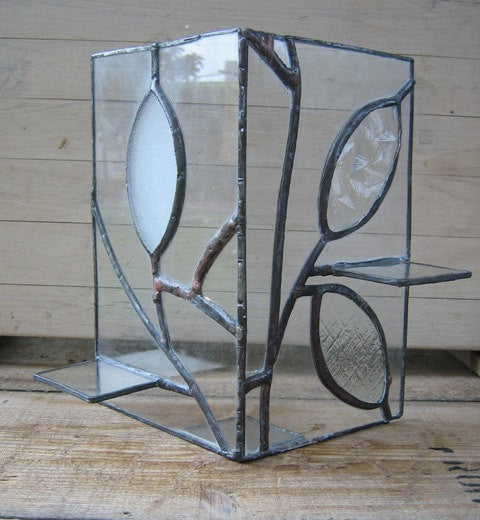 Glass candle holder. Stained glass art. Candle stand. Glass leaves. Tiffany glass. Clear glass. Textured glass. Stained glass candle holder.