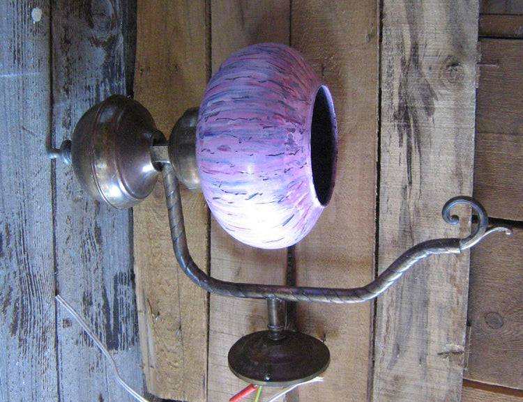 Wall lamp. Wall lighting. Copper lamp. Glass lampshade. Purple lamp. Upcycled lighting. Working. Vintage upcycled. CIJ.