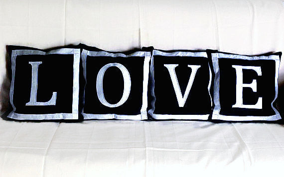 30% OFF Love Pillows Black and White 14"x14" EsI40 set of four custom made monogram pillow covers