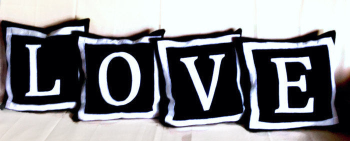 30% OFF Love Pillows Black and White 14"x14" EsI40 set of four custom made monogram pillow covers
