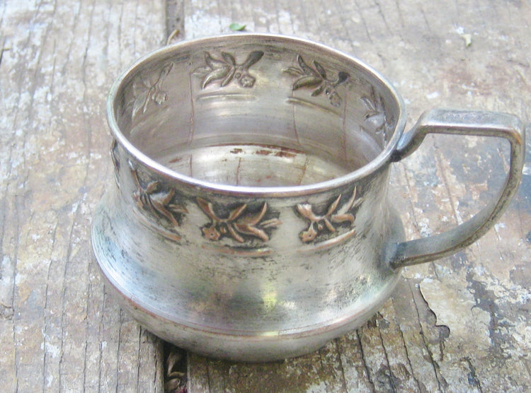 Tea glass holder. Ornate copper cup. Partly silver plated. One handle. Embossed flowers. Vintage.