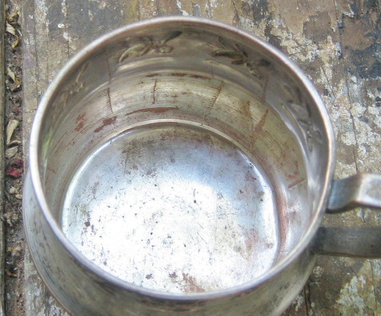 Tea glass holder. Ornate copper cup. Partly silver plated. One handle. Embossed flowers. Vintage.