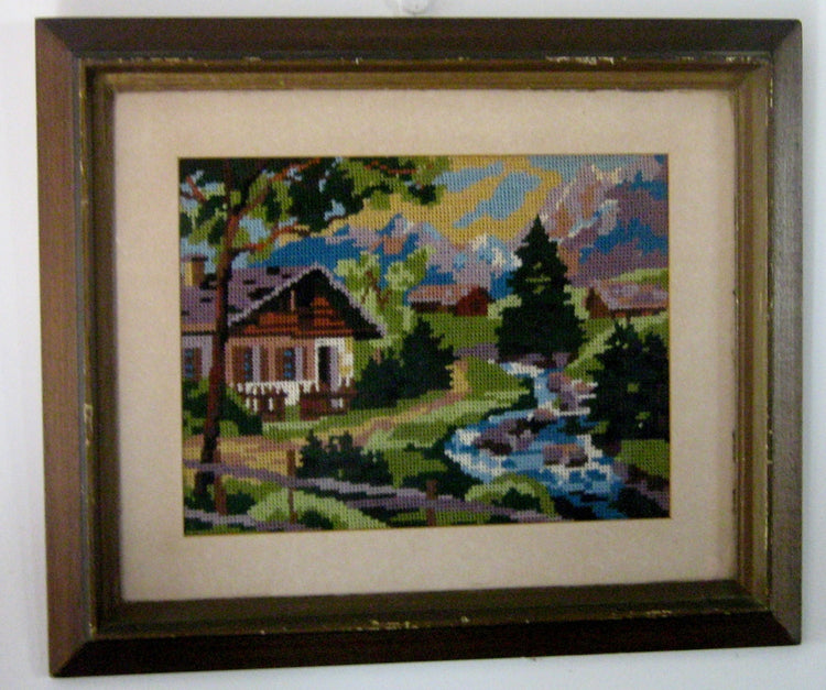 Landscape wall art. Vintage embroidery. Embroidery wall art. Framed embroidery. Needlepoint vintage. Framed needlepoint. Vintage wood frame.