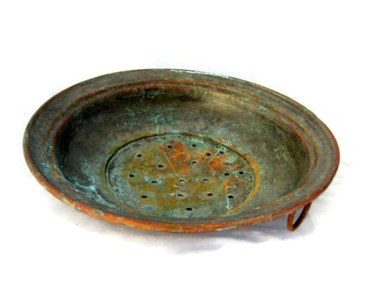 Farmhouse kitchen. Strainer. Colander. Metal strainer. Copper kitchen decor. Copper wall hanging. Verdigris. Vintage.