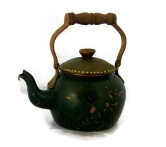 Vintage teapot. Kettle. Tea kettle. Copper kitchen decor. Green teapot. Wood handle. Copper kettle painted green. CIJ.