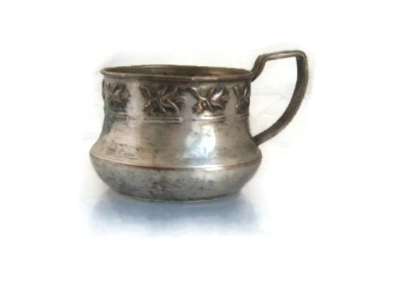 Tea glass holder. Ornate copper cup. Partly silver plated. One handle. Embossed flowers. Vintage.