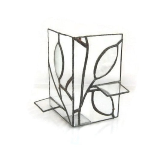 Glass candle holder. Stained glass art. Candle stand. Glass leaves. Tiffany glass. Clear glass. Textured glass. Stained glass candle holder.