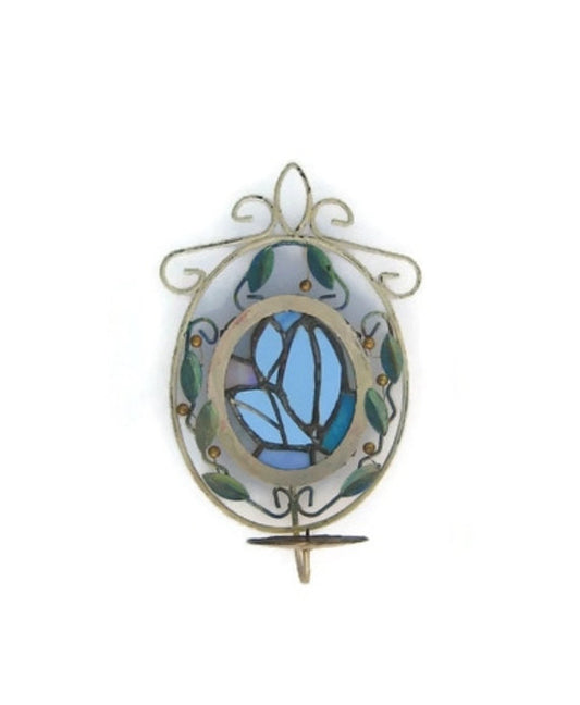 Wall candle holder. Candle sconce. Vintage sconce. Candle wall decor. Stained glass wall hanging. Shabby chic sconce. Upcycled. Distressed.