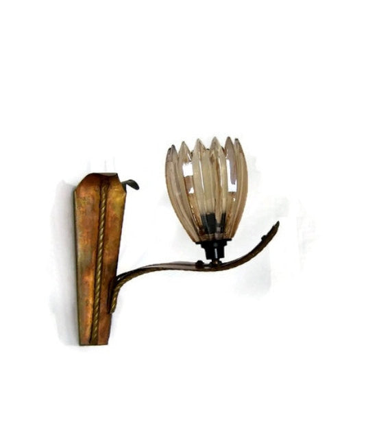 Wall lighting. Sconce. Wall lamp. Flower lamp. Old copper lamp. Flower shaped glass lamp shade. Vintage. Rewired and working. Two available.