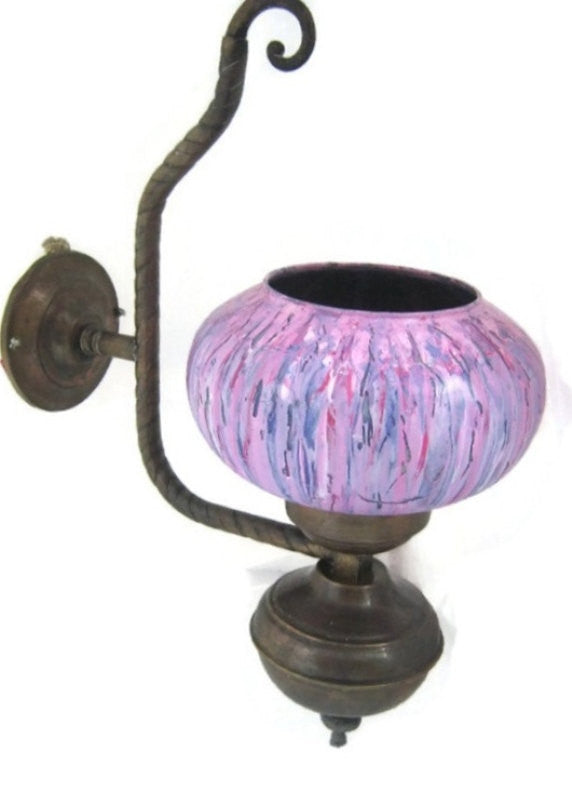 Wall lamp. Wall lighting. Copper lamp. Glass lampshade. Purple lamp. Upcycled lighting. Working. Vintage upcycled. CIJ.