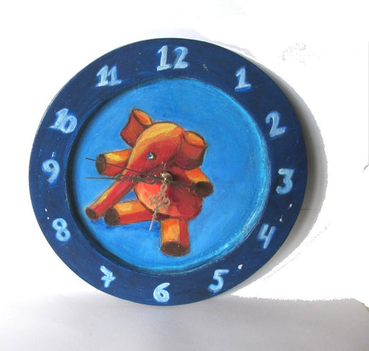 Kids wall clock. Blue wood wall clock. Elephant clock.Electric nursery clock. Upcycled vintage clock.