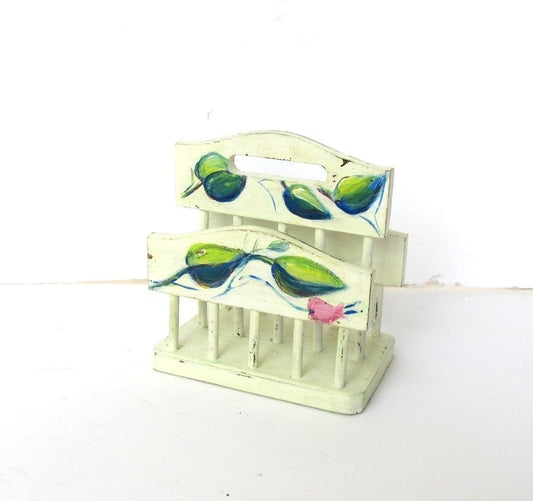 Napkin holder vintage . Letter holder. French country decor. Wood napkin holder. Wooden letter holder. Distressed white. Flowers and leaves.