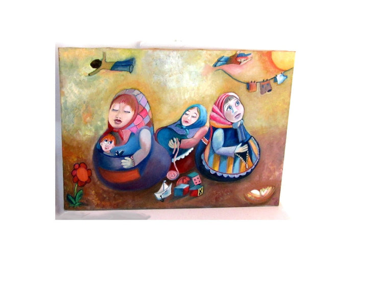 Canvas oil painting. Surreal art. Oil on canvas. Surreal painting. Matryoshka. Babushka. Motherhood art. Surrealist. Mothers day gift.