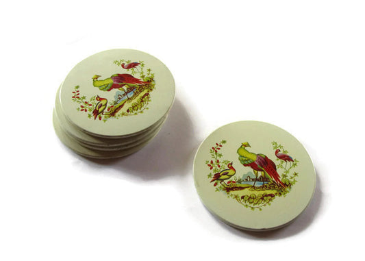 Vintage cork and plastic coasters. Yellow coasters with birds design. Five.