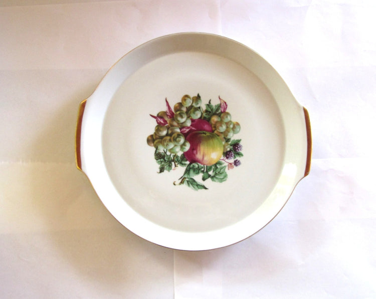 Platter vintage. Cake plate. Ceramic platter. Trinket tray. Cake platter. Gold trim dish. Fruit design. White ceramic round platter.