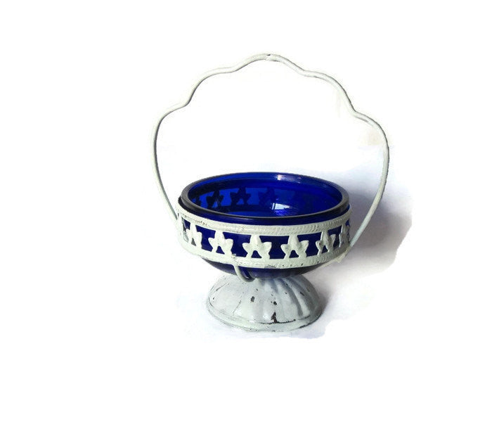 Blue trinket dish. Cobalt blue candy basket. Glass candy bowl. Sugar cubes bowl. Handled distressed shabby chic dish. Upcycled vintage.