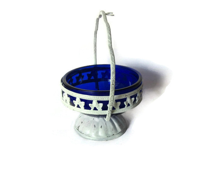 Blue trinket dish. Cobalt blue candy basket. Glass candy bowl. Sugar cubes bowl. Handled distressed shabby chic dish. Upcycled vintage.