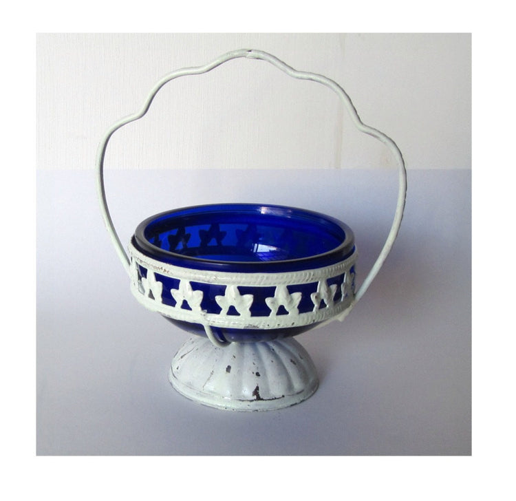 Blue trinket dish. Cobalt blue candy basket. Glass candy bowl. Sugar cubes bowl. Handled distressed shabby chic dish. Upcycled vintage.