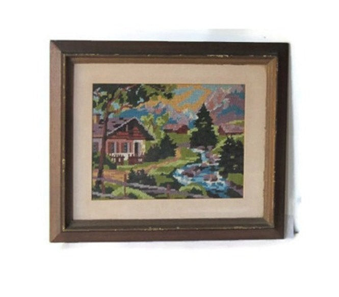 Landscape wall art. Vintage embroidery. Embroidery wall art. Framed embroidery. Needlepoint vintage. Framed needlepoint. Vintage wood frame.
