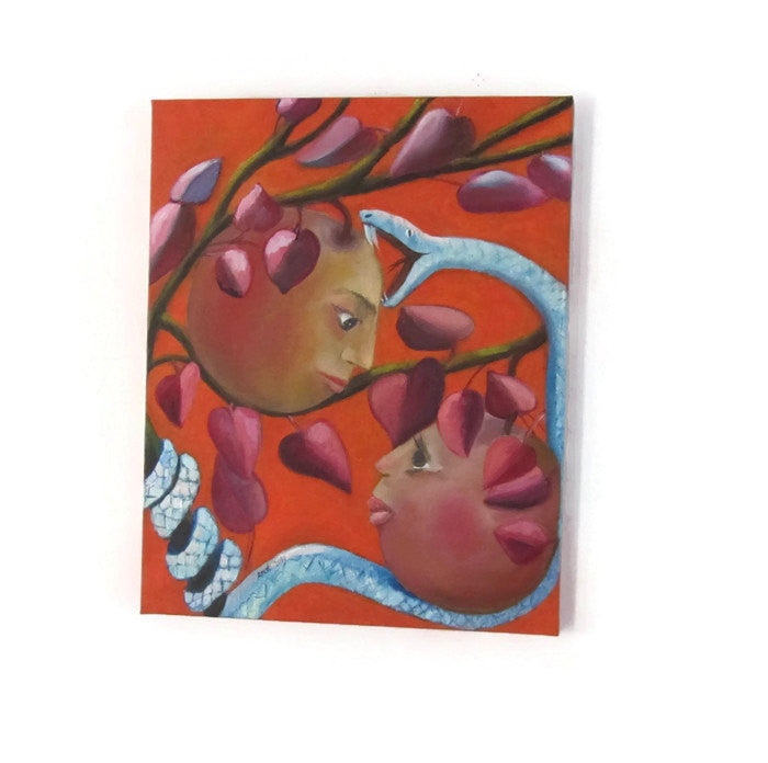 Bible art. Oil on canvas. Original artwork. Surreal art. Paradise. Surreal painting. Snake art. Adam and eve in the garden of eden.