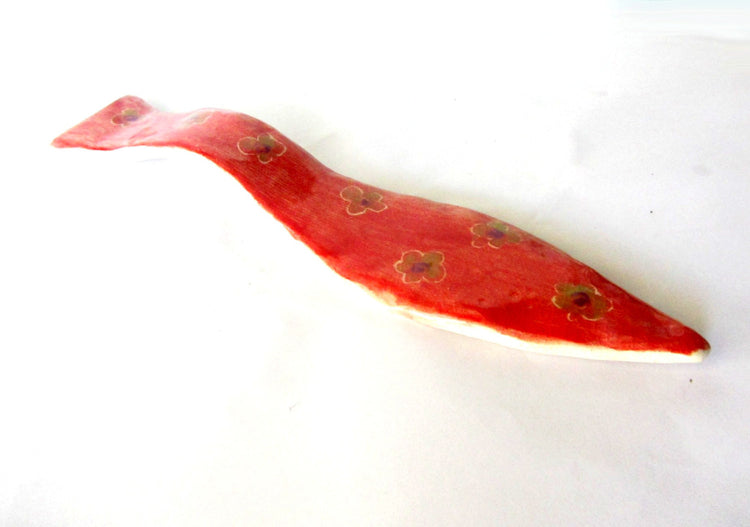 Pottery spoon rest. Ceramic spoon holder. Handmade. Unique design. Red with purple and brown flowers.